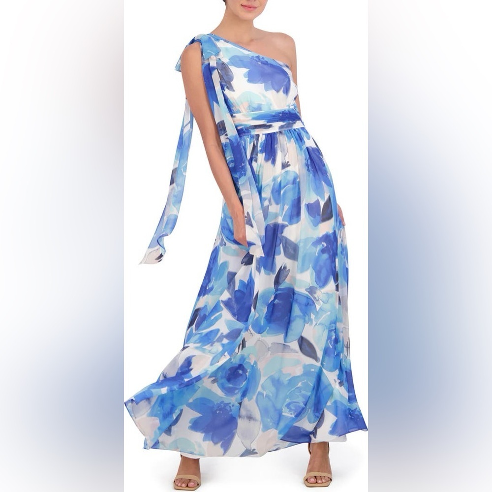 Eliza J One-Shoulder Blue Floral Maxi Dress